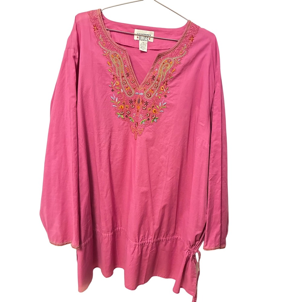 Mainstreet Blues Womens 4X Pink Embroidered Cotton Boho Tunic Top Drawstring